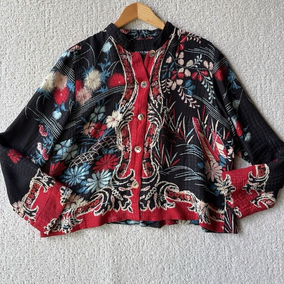 Citron Santa Monica Silk Button Front Top Women's L Black Red Floral Boho $228